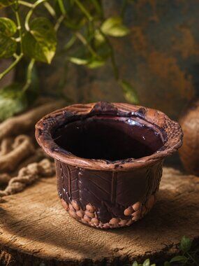 Vintage Claire Burke Designs Handcrafted Clay Pot – Leaf Motif, Rustic Brown